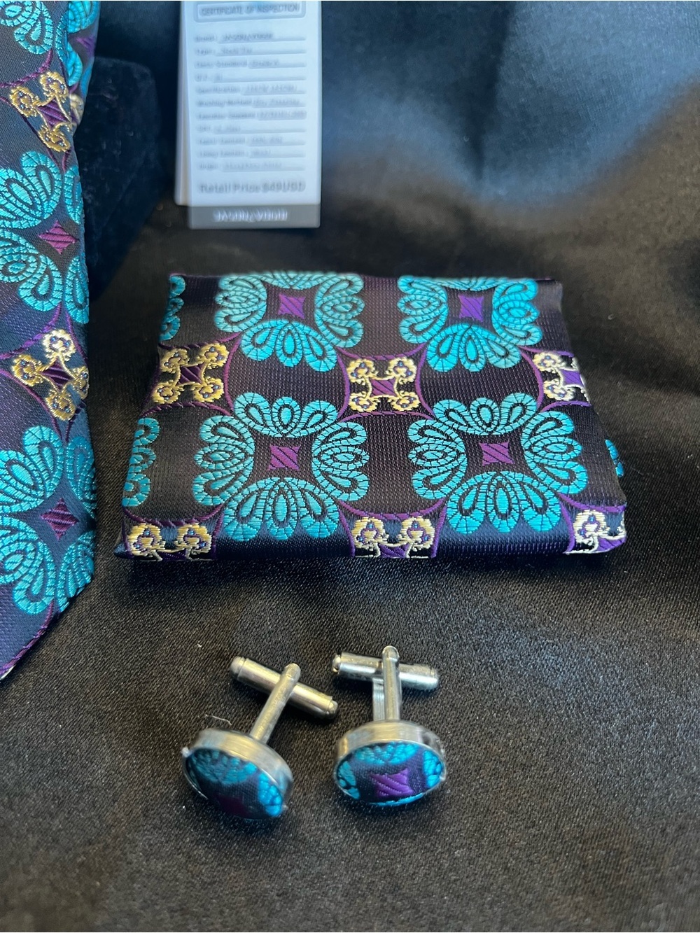 Men's Teal & Purple Floral Silk Tie Set with Pocket Square and Cufflinks - Picture 2 of 4
